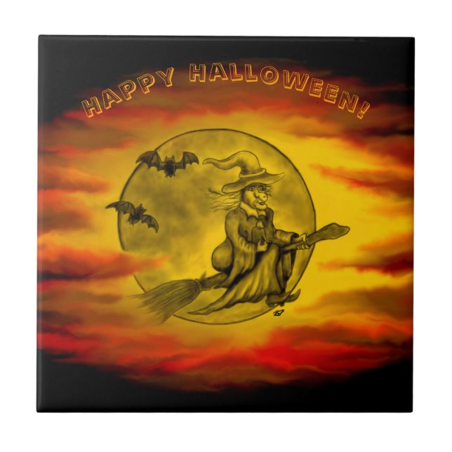 Carreau Sorcière volante avec chat noir, nuit halloween (Devant)