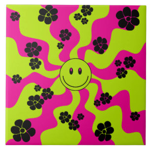 Carreau Sourire en vert citron, rose chaud et noir