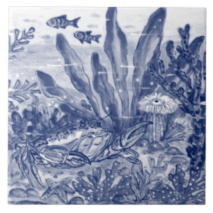 Carreau Sous la mer bleu foncé Scène Crabe Mural Pc#8 Ce