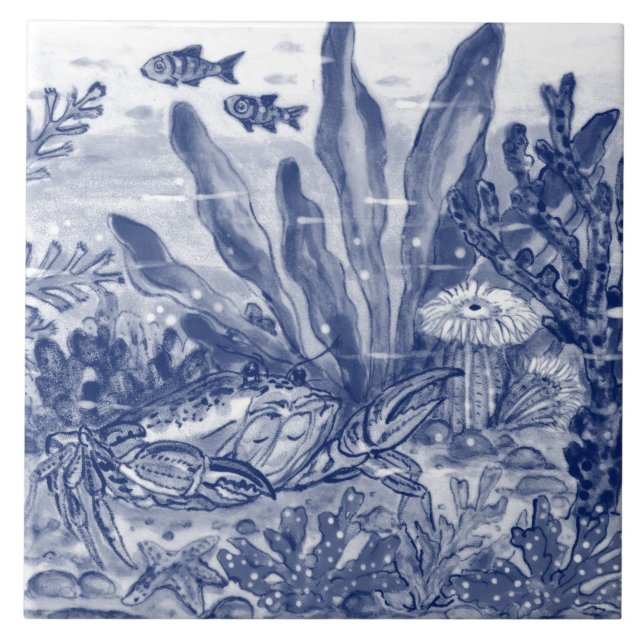 Carreau Sous la mer bleu foncé Scène Crabe Mural Pc#8 Ce (Devant)