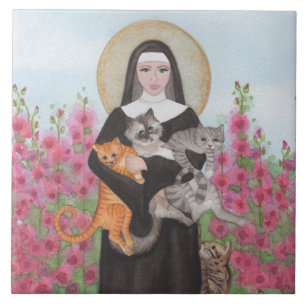 Carreau St Gertrude Patron de Chats Aquarelle en céramique