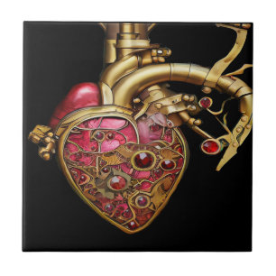 Carreau Steampunk Coeur Anatomique rubis et engrenages