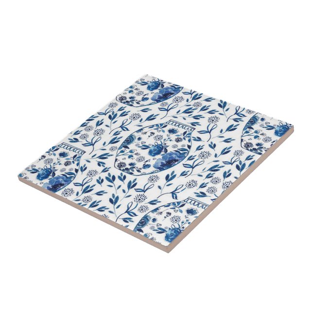Carreau Style floral peint à la main en Chinoiserie bleue  (Côté)