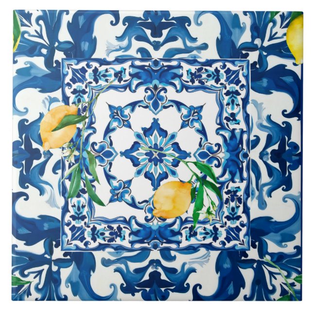 Carreau style italien, méditerranéen, mosaïque, bleu, (Devant)