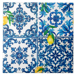 Carreau style italien, méditerranéen, mosaïque, bleu, citr