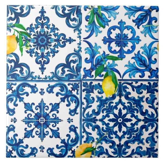 Carreau style italien, méditerranéen, mosaïque, bleu, citr (Devant)