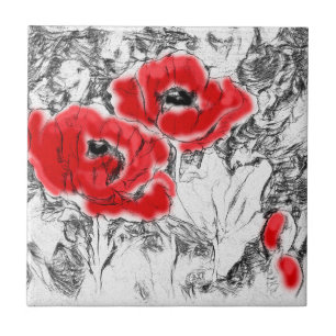 Carreau Stylo dessiné à la main des pavots rouges fleurs f