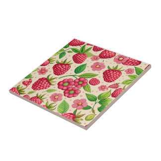Carreau Summer Raspberry Garden Botanical Fruit Pattern