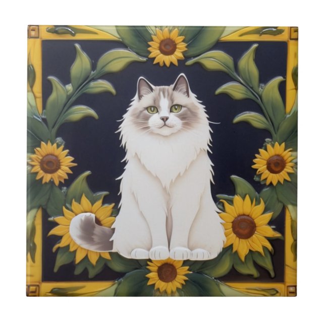 Carreau Sunflower Cats - Ragdoll Cat & Yellow Sunflowers (Devant)