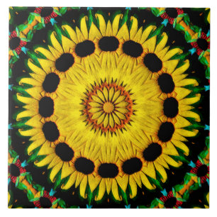 Carreau Sunny Black Eyed Susan Rudbeckia Mandala Abstrait