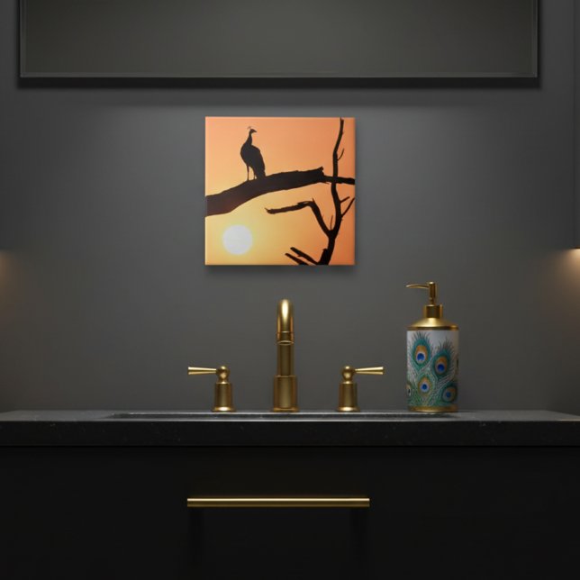 Carreau Sunset Majesty : Peacock Silhouette céramique Carr (Créateur téléchargé)