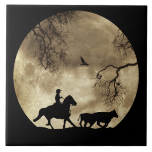 Carreau Super Cool Cowboy et Steers en Pleine lune