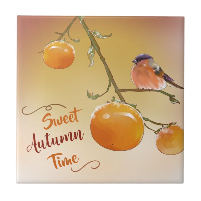 Carreau Sweet Automne Cute Orange Persimmon Fruits & Oisea (Devant)