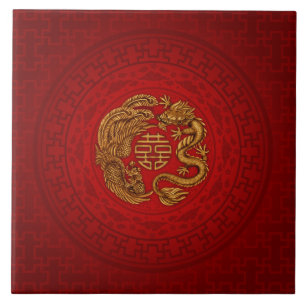 Carreau Symbole du Bonheur avec Phoenix et Dragon