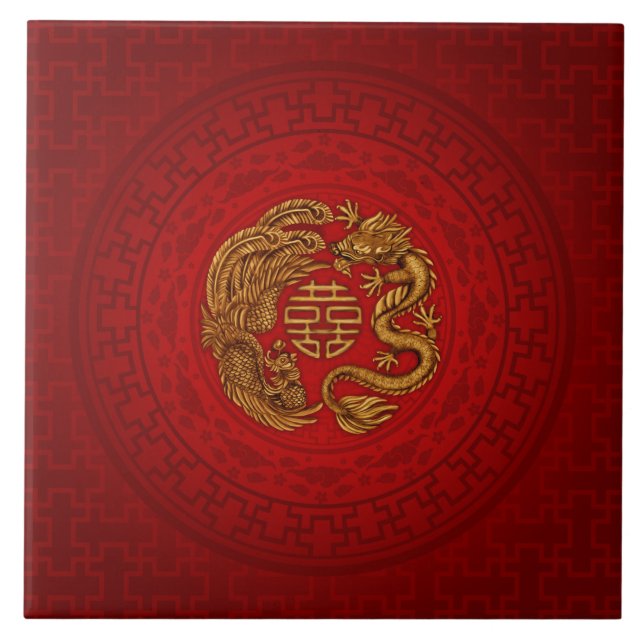 Carreau Symbole du Bonheur avec Phoenix et Dragon (Devant)