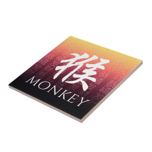 Carreau Symbole lunaire du singe 猴 or rouge chinois Zodiac