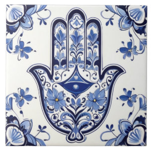 Carreau Symbole main de Hamsa - Main bleue et blanche de F