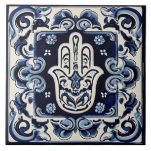 Carreau Symbole main de Hamsa - Main bleue et blanche de F