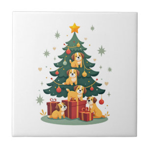 Carreau T-Shirt Arbre de Noël Chien Mignon Drôle Chiots X