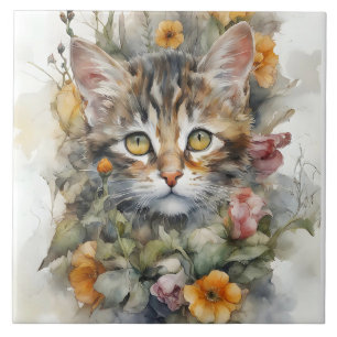 Carreau Tabby gris chat avec fleurs Portrait