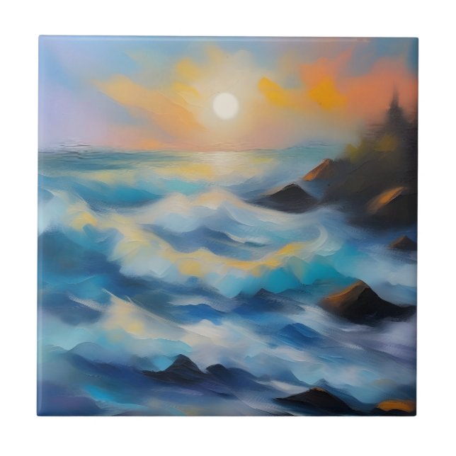 Carreau Tableau des vagues bleu clair sous le soleil (Devant)