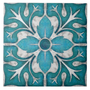 Carreau Talavera 01 Bleu sarcelle gris floral méditerranée