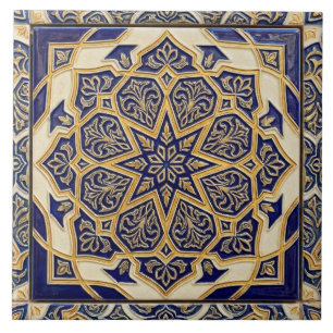 Carreau Talavera classique méditerranéen bleu cobalt et or