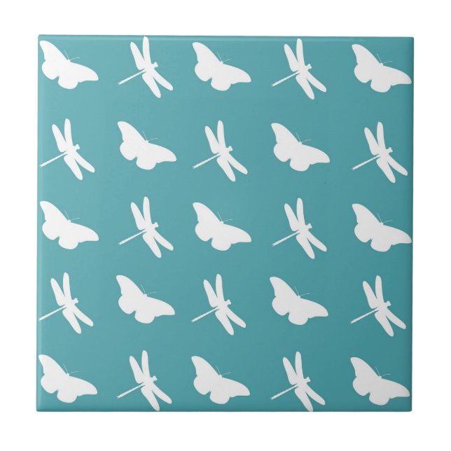 Carreau Teal and White Butterfly and Dragonfly Pattern (Devant)
