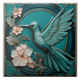 Carreau Téal foncé faux relief Art Nouveau Colibri L