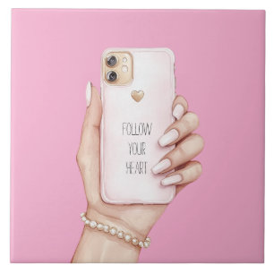 Carreau Téléphone portable chic fille ongles roses
