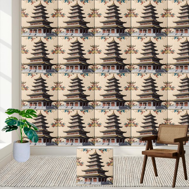 Carreau Temple floral d'inspiration asiatique Chinoiserie  (Asian-Inspired Floral Temple Chinoiserie Pagoda Ceramic Tile)