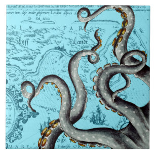 Carreau Tentacles Gris Sur Une Carte Vintage Bleue