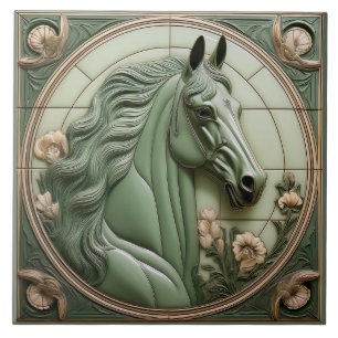 Carreau Tête de cheval Art Nouveau en faux relief vert sau