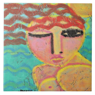 Carreau Tête rouge à la plage Portrait Abstrait sur OSB 