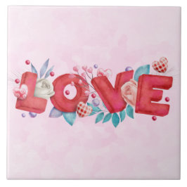 Carreau Texte d'amour rouge en lettres bloc gras Aquarelle