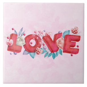 Carreau Texte d'amour rouge en lettres bloc gras Aquarelle