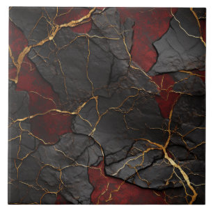 Carreau Texture de pierre fissurée, Noir rouge & Or