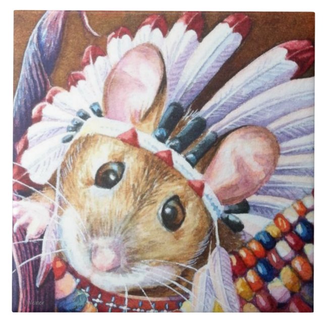 Carreau Thanksgiving Native American Mouse Watercolor Art  (Devant)