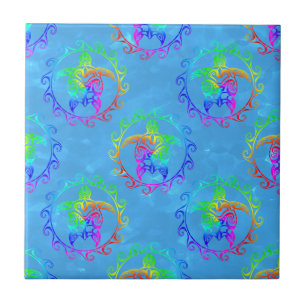 Carreau Tie Dye Tortue Tribal Moari Soleil Bleu clair