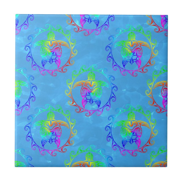 Carreau Tie Dye Tortue Tribal Moari Soleil Bleu clair (Devant)