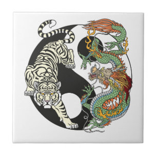 Carreau Tigre blanc contre dragon vert au Yin yang