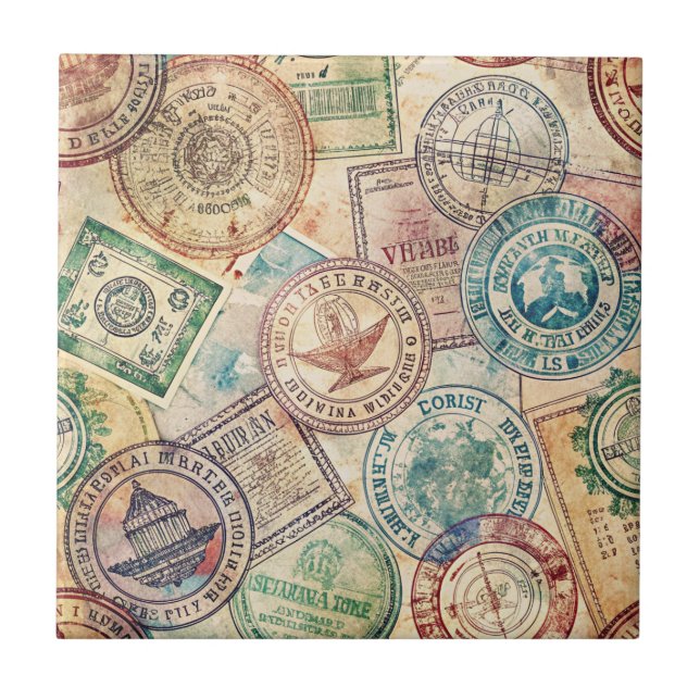 Carreau Timbre de passeport rustique motif de voyage (1) (Devant)