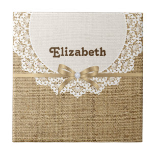 Carreau Toile blanche avec dentelle et lin naturel burlap