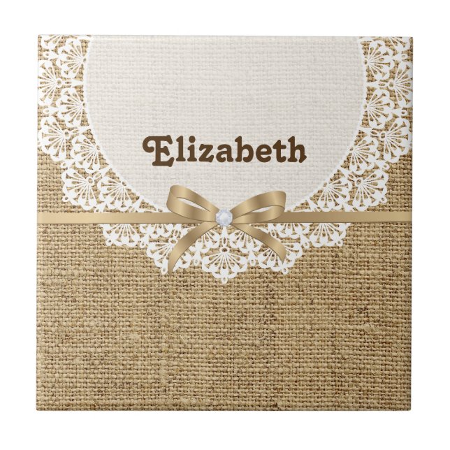 Carreau Toile blanche avec dentelle et lin naturel burlap (Devant)
