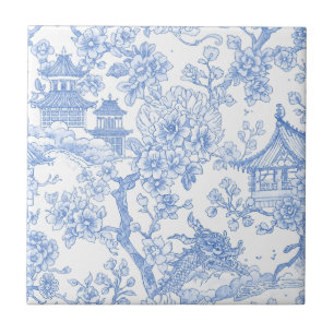Carreau Toile de chinoiserie bleue Dragon Fleur de cerisie