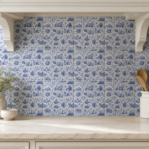 Carreau Toile de Jouy bleue motif branche de rose de campa