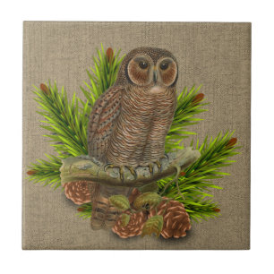 Carreau Toile de jute rustique avec hibou et branche de pi