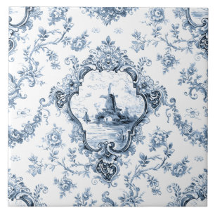 Carreau Toile florale gravée avec moulin à vent et batea