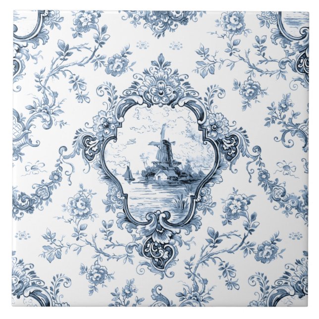 Carreau Toile florale gravée avec moulin à vent et bateaux (Devant)