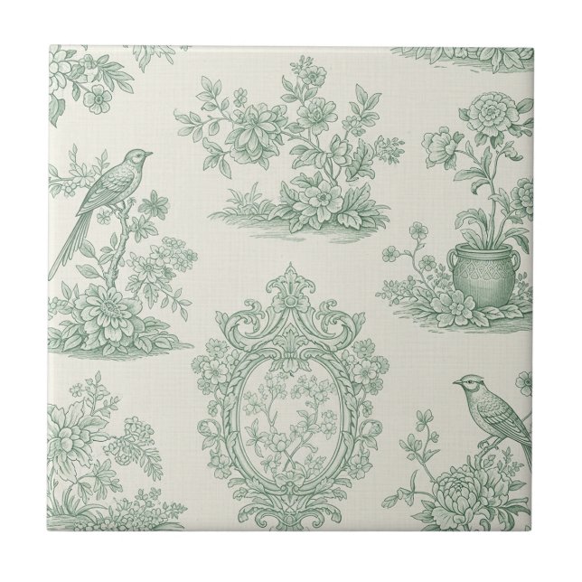 Carreau Toile florale verte menthe et motif oiseau (Devant)